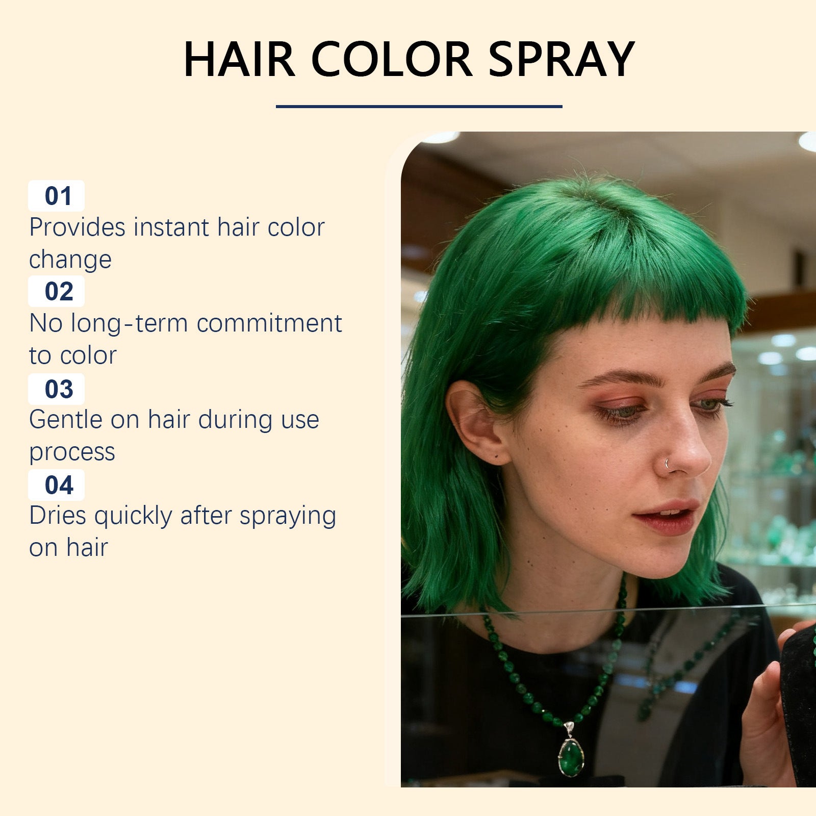 Vaporisateur de cheveux temporaire vert pour un look élégant avec une couleur uniforme naturelle qui dure