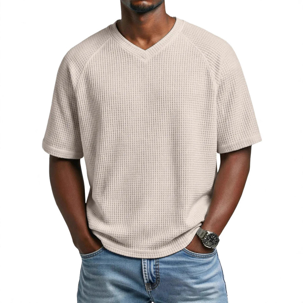 Hommes S Mode Waffle tricot côtelé manches V cou manches courtes T-shirt pour le transport quotidien