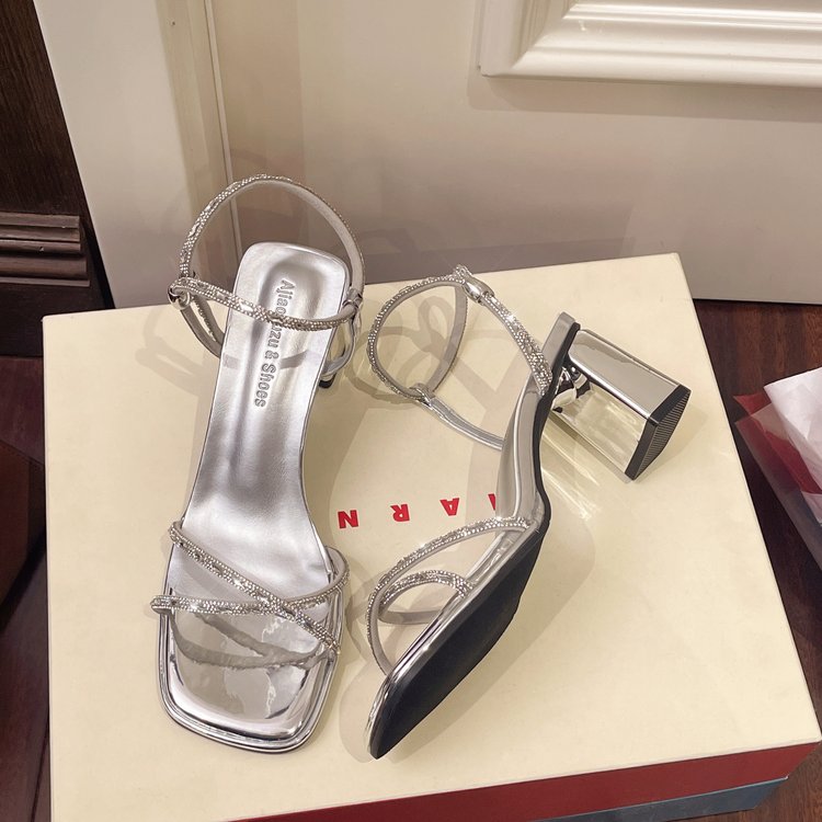 Women's KoreanStyle Summer SquareToe Strass BlockHeel OpenToe Sandales à talons hauts
