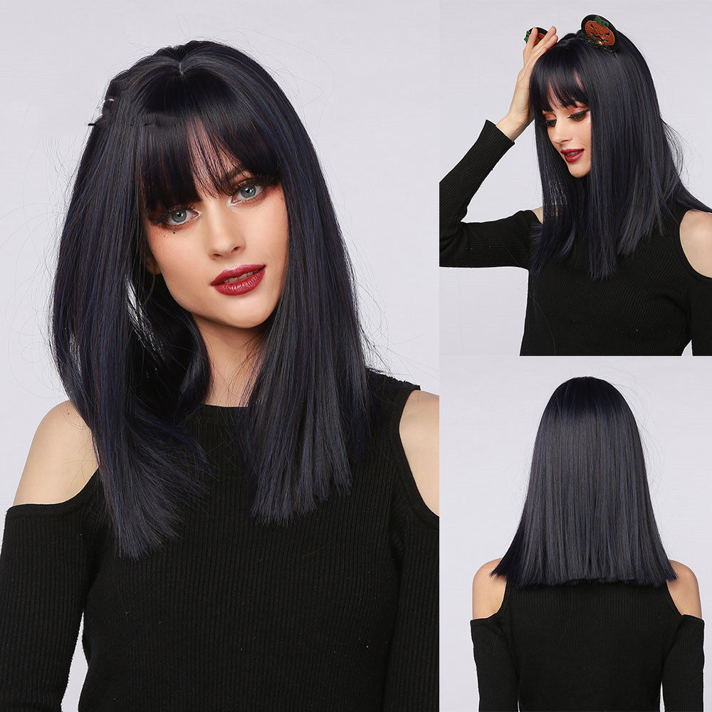 Red Brown Black Multicolor Qi Bangs Medium Length Straight Hair