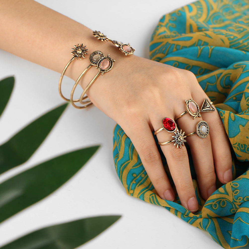 Creative Vintage Flower Joint Ring Ensemble de bracelet ouvert