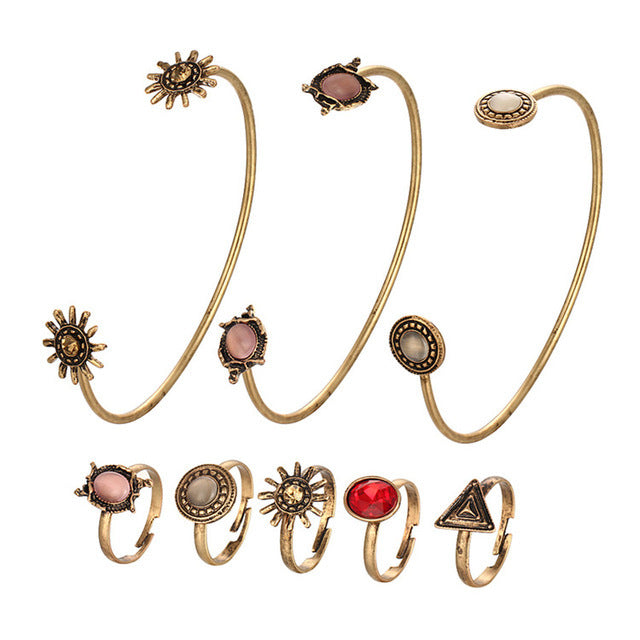 Creative Vintage Flower Joint Ring Ensemble de bracelet ouvert