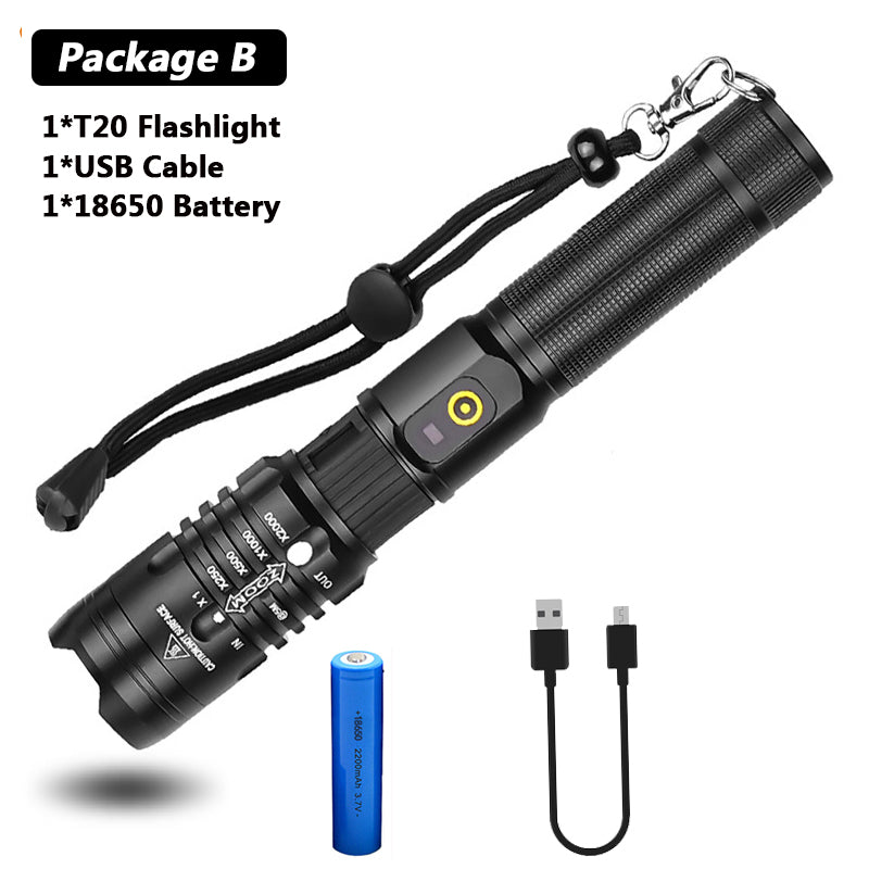Lampe de poche super lumineuse Zoomable USB rechargeable électrique Torche 5 modes Torche extérieure Fis