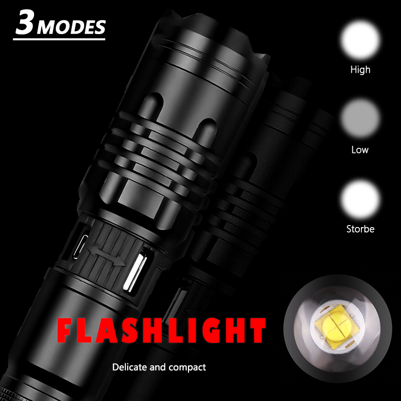 Lampe de poche super lumineuse Zoomable USB rechargeable électrique Torche 5 modes Torche extérieure Fis