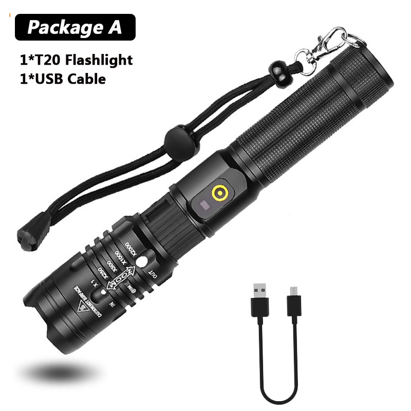 Lampe de poche super lumineuse Zoomable USB rechargeable électrique Torche 5 modes Torche extérieure Fis