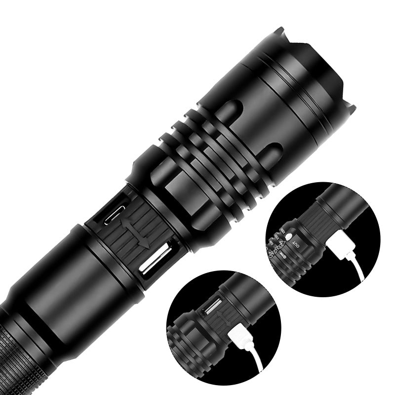 Lampe de poche super lumineuse Zoomable USB rechargeable électrique Torche 5 modes Torche extérieure Fis