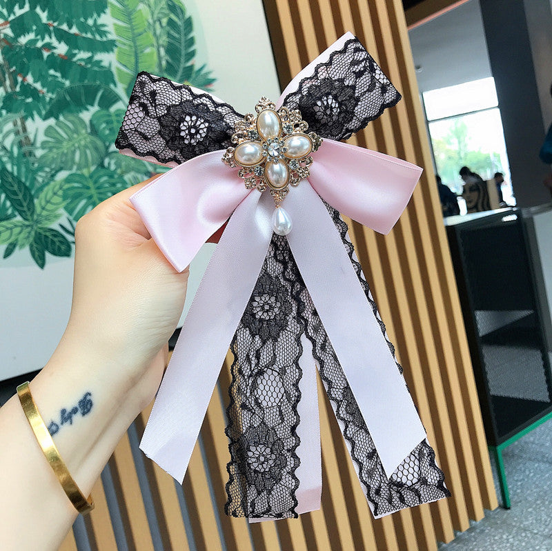 Dentelle Big Bow Strass Pearl Streamer Brooch