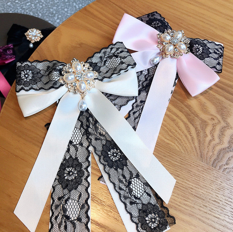 Dentelle Big Bow Strass Pearl Streamer Brooch