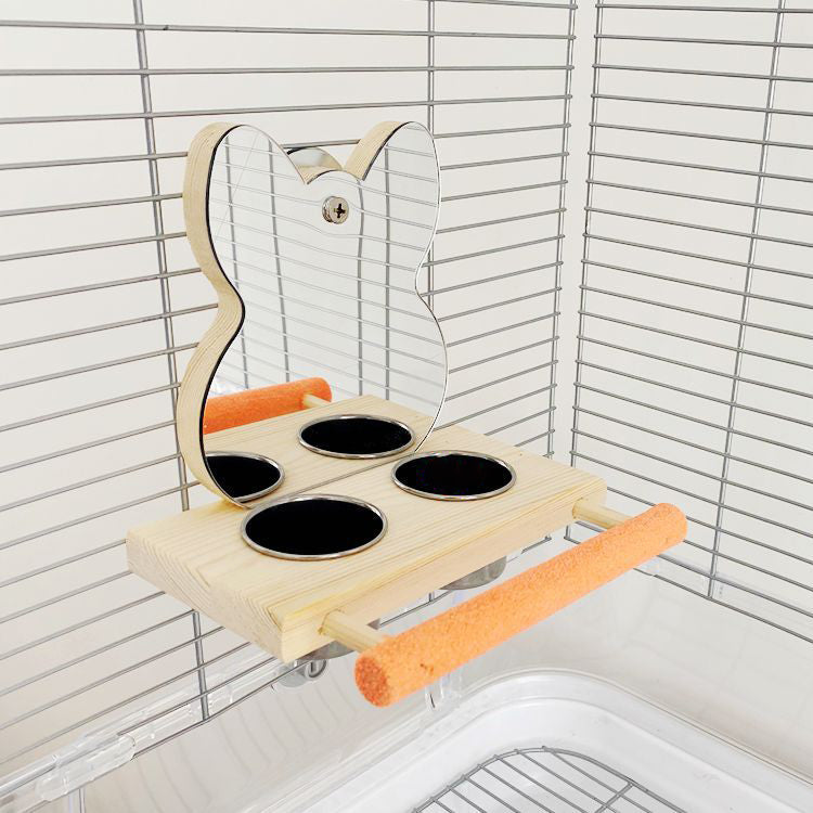 Puzzle de perroquet Jouet d'oiseau Grinding Claw Stand Acier inoxydable Food Cup Miroir