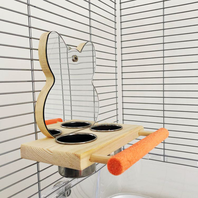 Puzzle de perroquet Jouet d'oiseau Grinding Claw Stand Acier inoxydable Food Cup Miroir