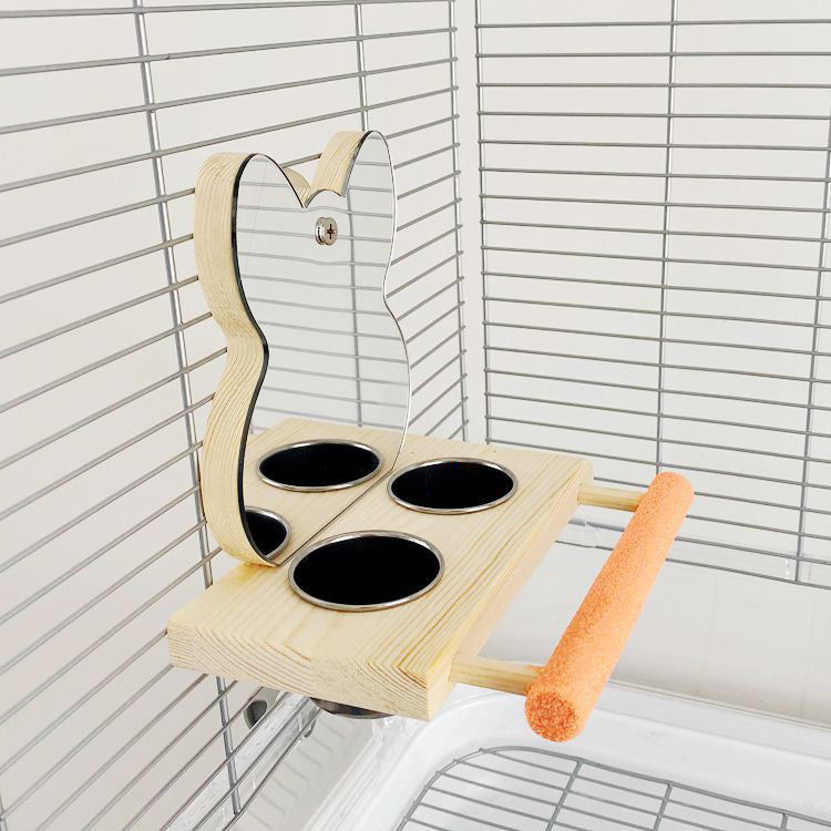 Puzzle de perroquet Jouet d'oiseau Grinding Claw Stand Acier inoxydable Food Cup Miroir
