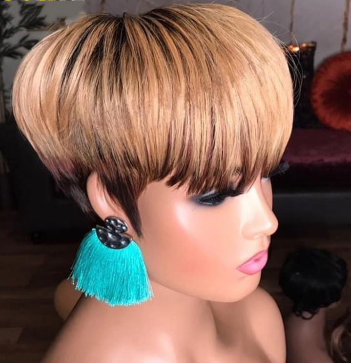 Wig Brown Bobo tête avec des bangs cheveux droit court