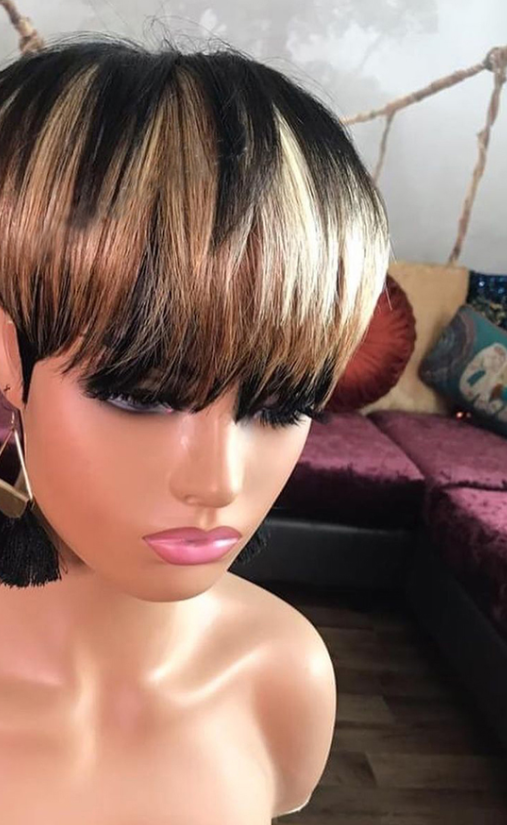 Wig Brown Bobo tête avec des bangs cheveux droit court