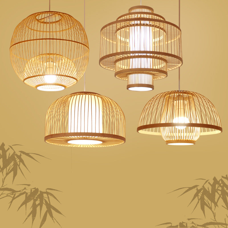 Style chinois Bamboo Chandelier Creative Round Lobby Atmosphère