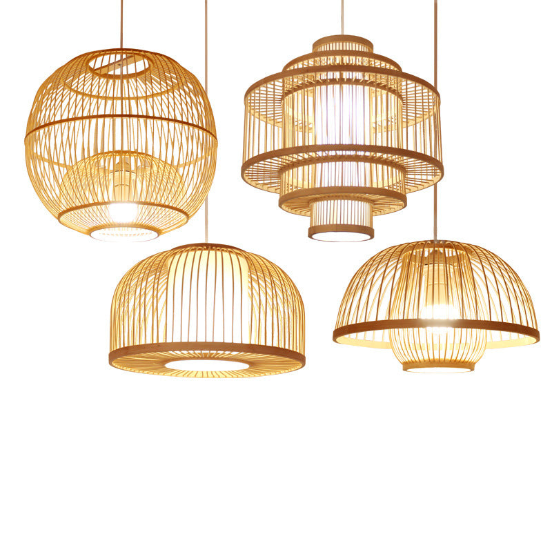 Style chinois Bamboo Chandelier Creative Round Lobby Atmosphère
