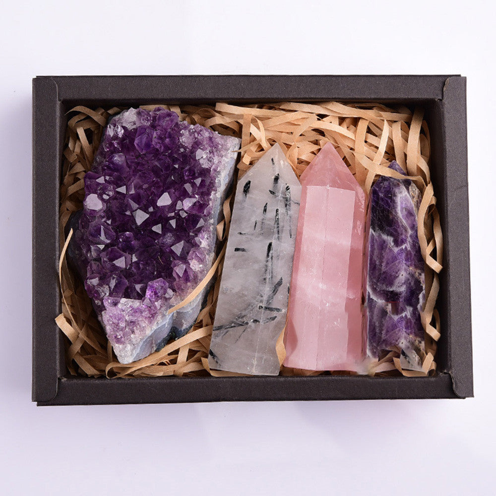 Bloc Améthyste Cristal naturel Hexagonal Prism Power Stone Exquise boîte cadeau Emballage