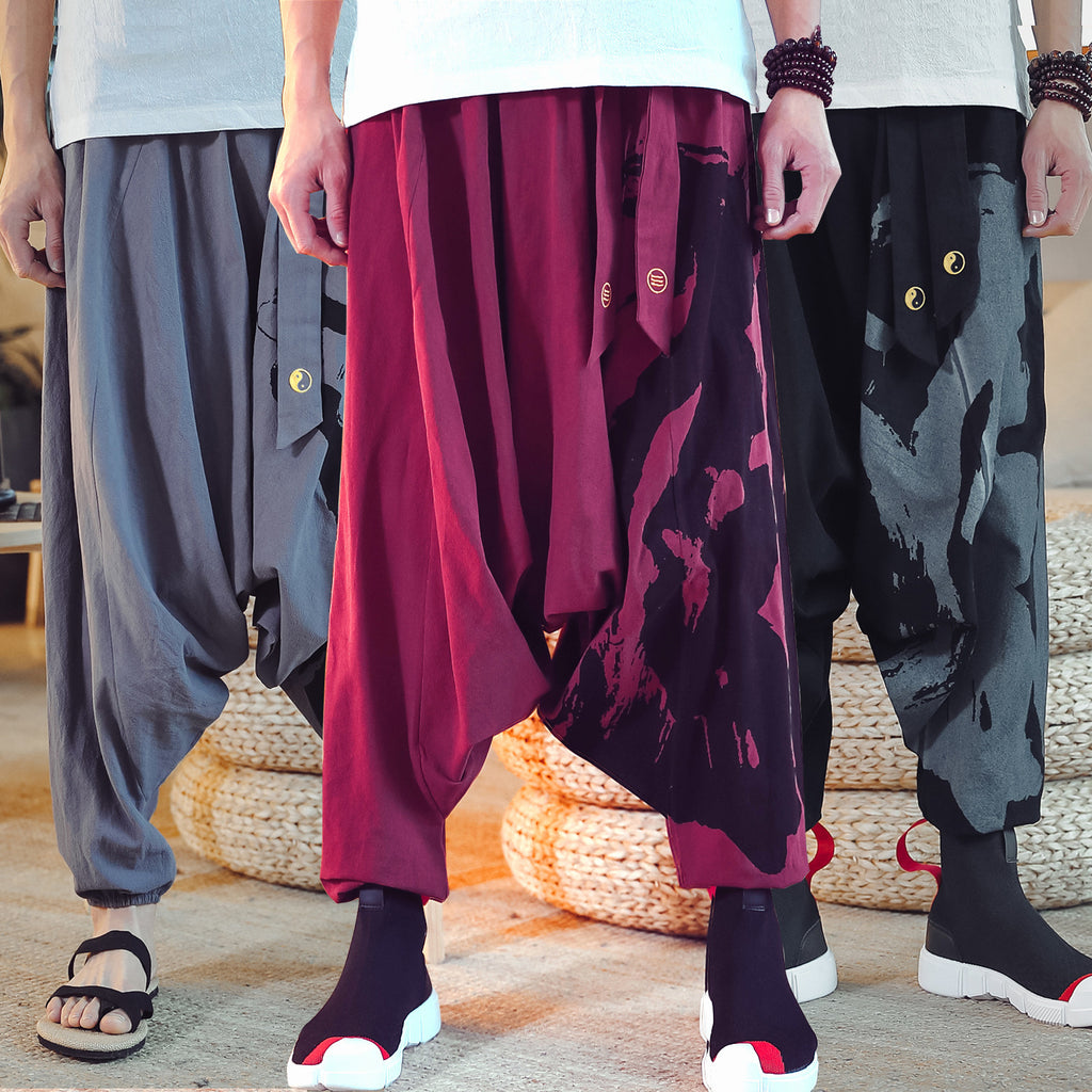 Cotton de style chinois et lin Baggy pantalons en vrac pour hommes avec des menottes de cheville imprimées