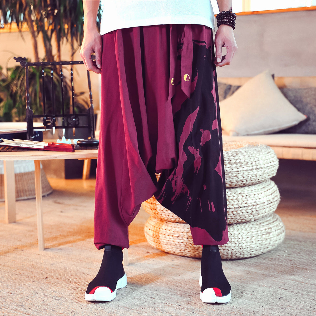 Cotton de style chinois et lin Baggy pantalons en vrac pour hommes avec des menottes de cheville imprimées