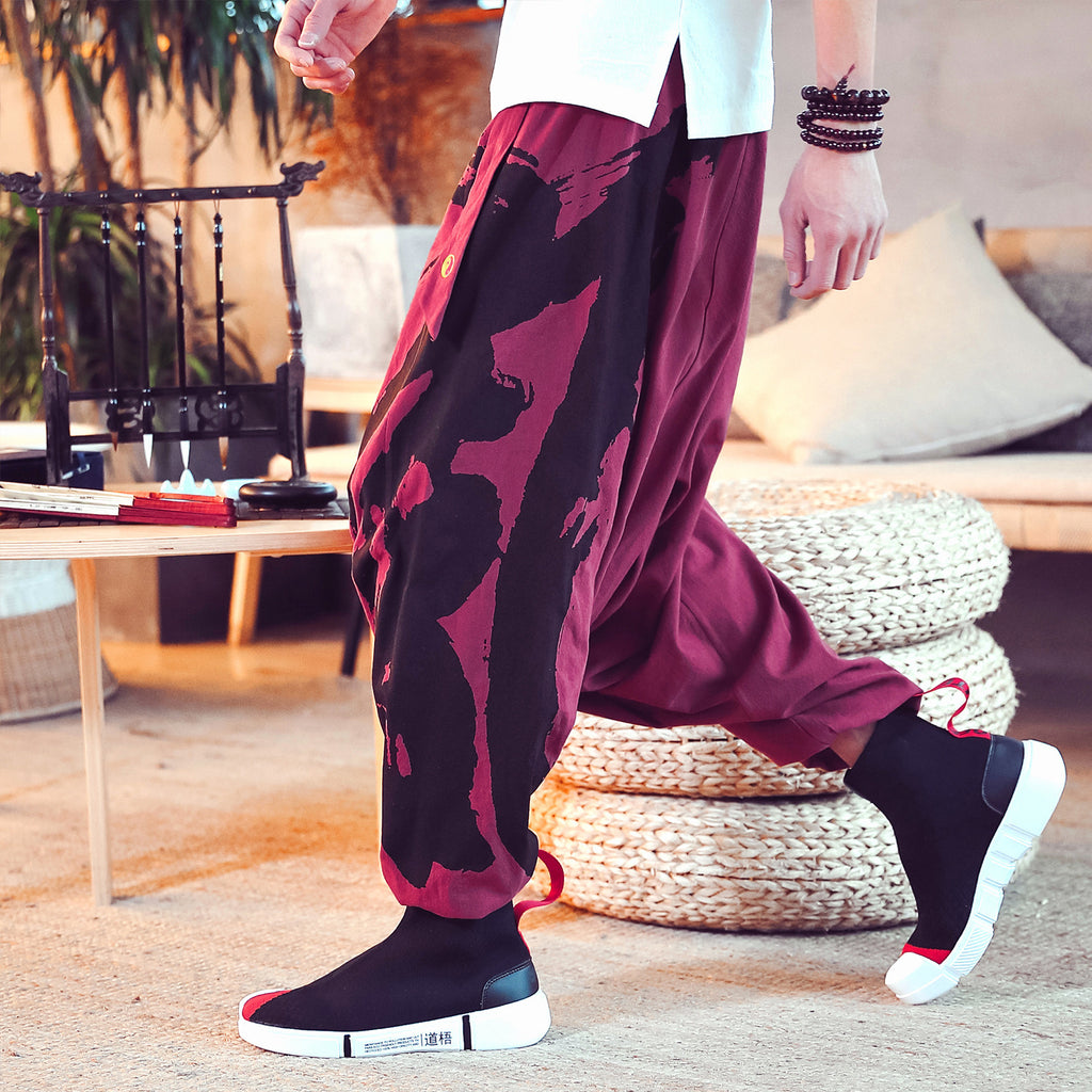 Cotton de style chinois et lin Baggy pantalons en vrac pour hommes avec des menottes de cheville imprimées