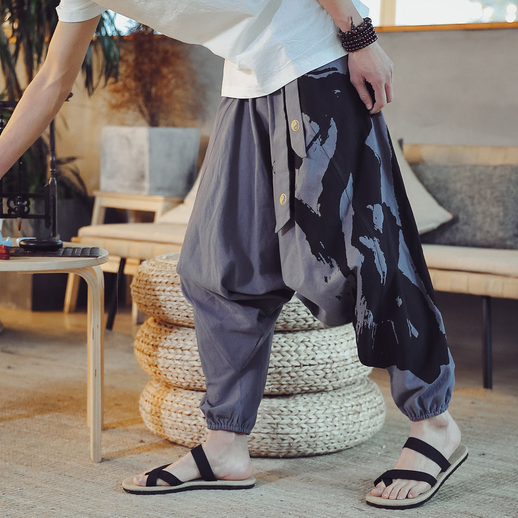 Cotton de style chinois et lin Baggy pantalons en vrac pour hommes avec des menottes de cheville imprimées