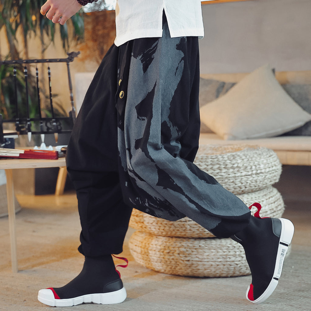Cotton de style chinois et lin Baggy pantalons en vrac pour hommes avec des menottes de cheville imprimées
