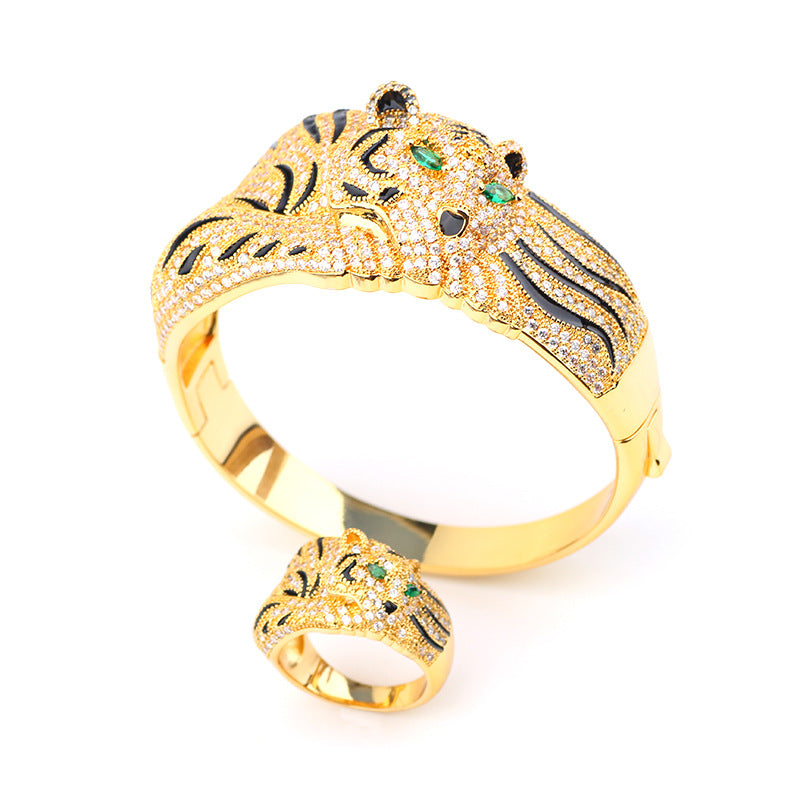Fashion Big Leopard Full Strass Bracelet Bague Set
