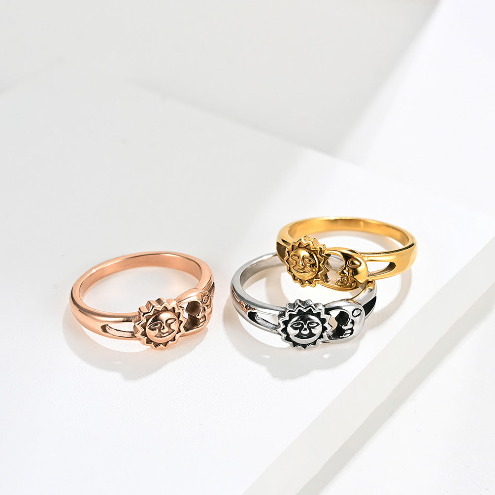 Unisexe Hommes Femmes Anneaux Moon Sun Design Acier inoxydable Rose Or Couleur Argent Grand siz américain