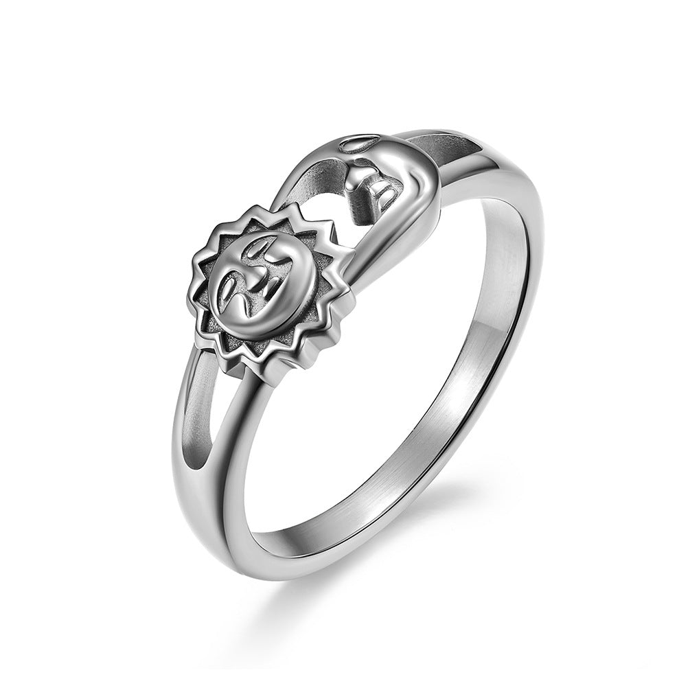 Unisexe Hommes Femmes Anneaux Moon Sun Design Acier inoxydable Rose Or Couleur Argent Grand siz américain