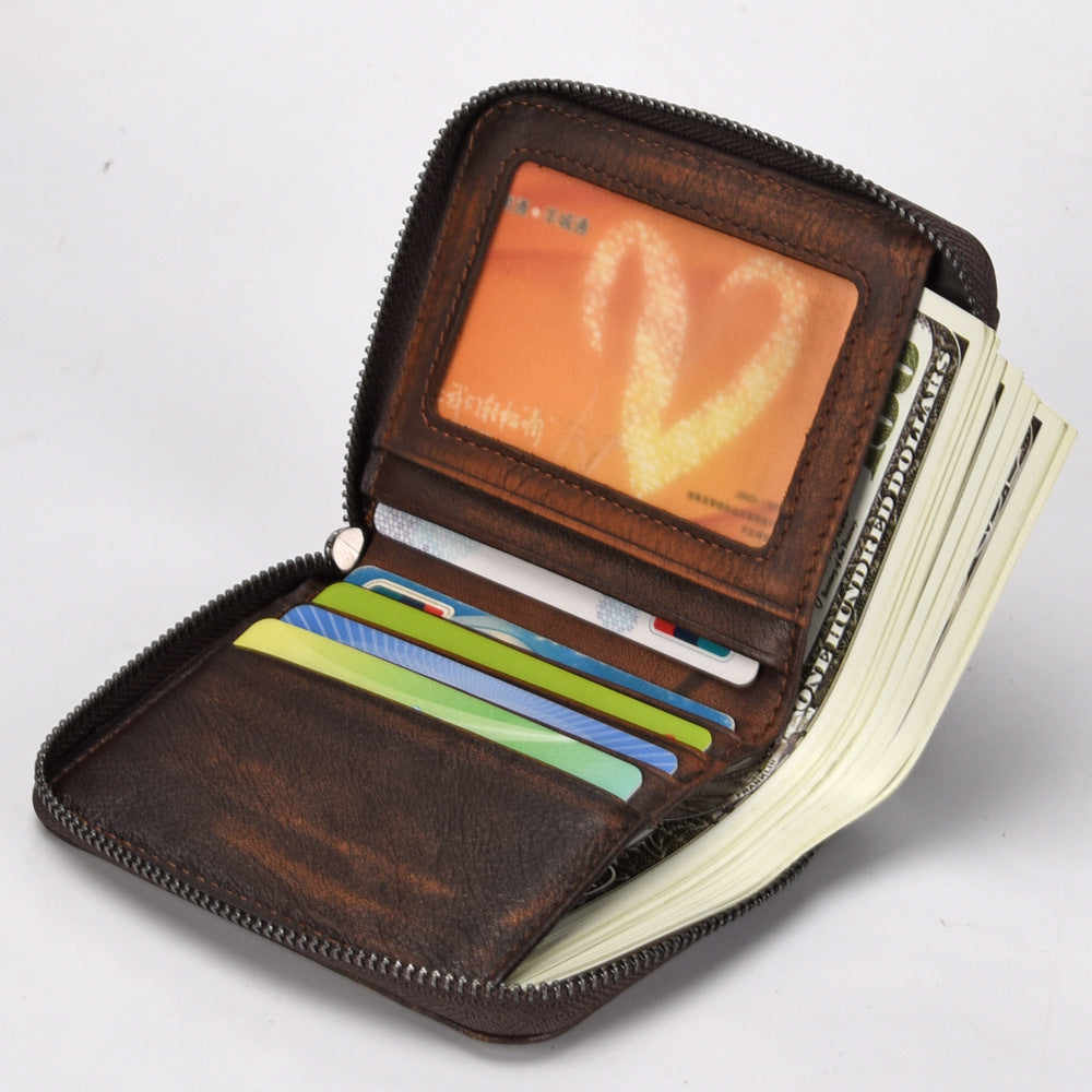 Porte-monnaie en cuir court pour homme Portefeuille rétro pour homme Porte-monnaie verticale Zipper