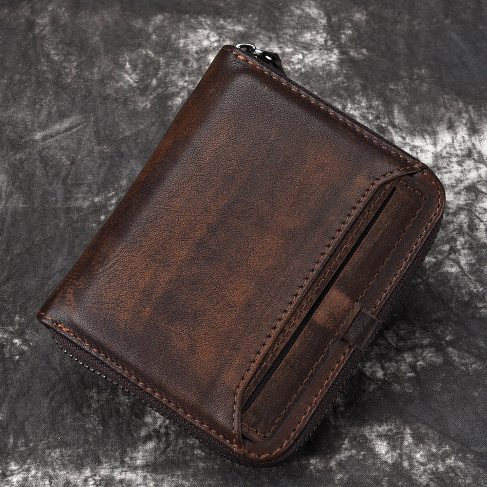 Porte-monnaie en cuir court pour homme Portefeuille rétro pour homme Porte-monnaie verticale Zipper