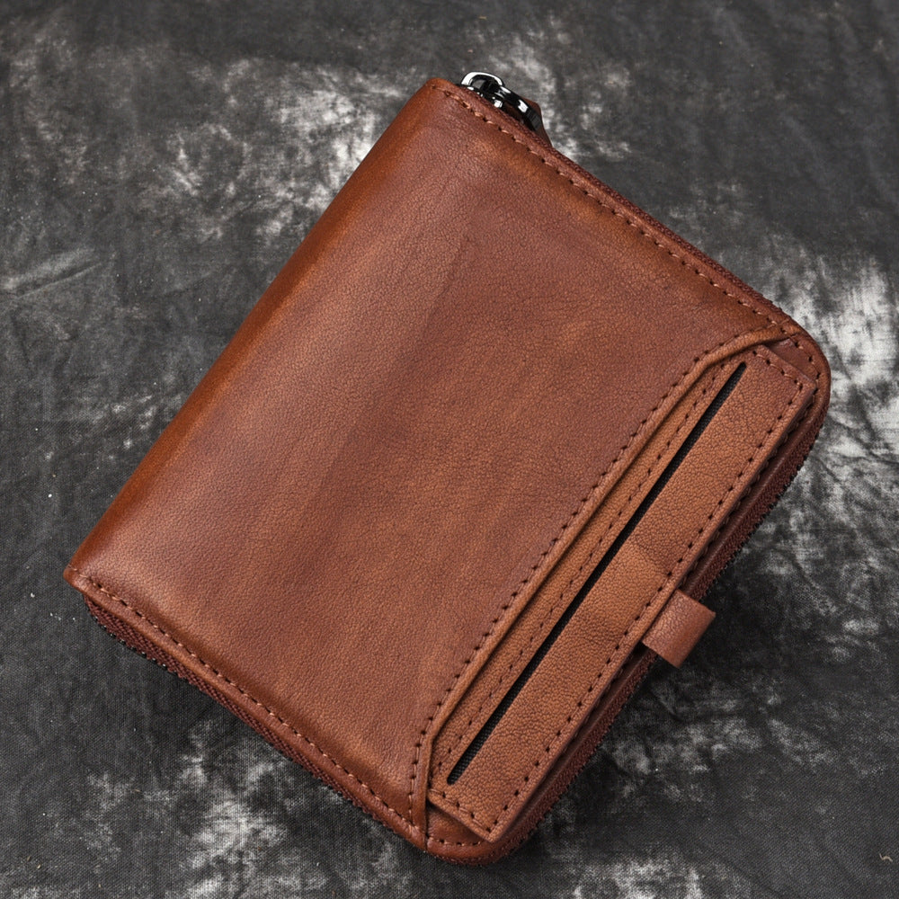 Porte-monnaie en cuir court pour homme Portefeuille rétro pour homme Porte-monnaie verticale Zipper