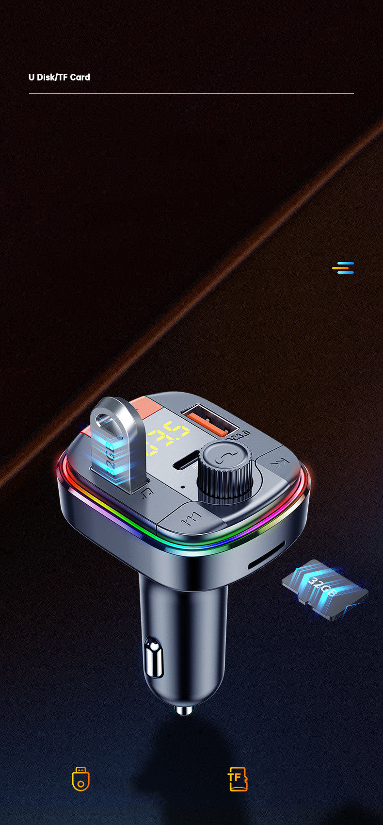 832 Voiture lecteur Mp3 coloré atmosphère respirante mains libres voiture Bluetooth Qc3.0 voiture