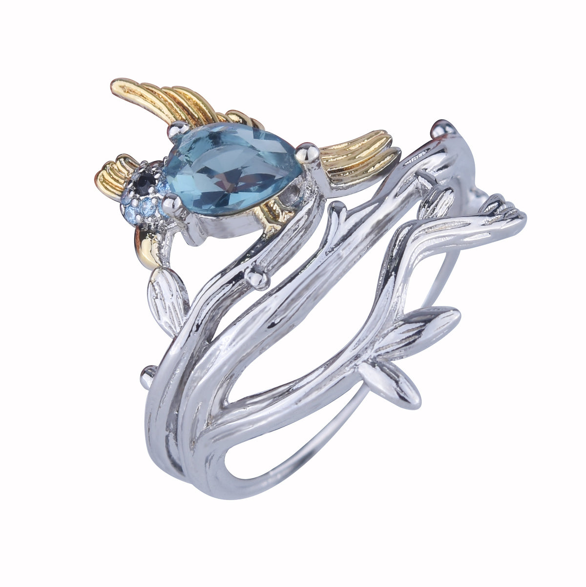 Anneau en or d'oiseau à deux tons en forme de poire avec bague de style Vintage Diamonds