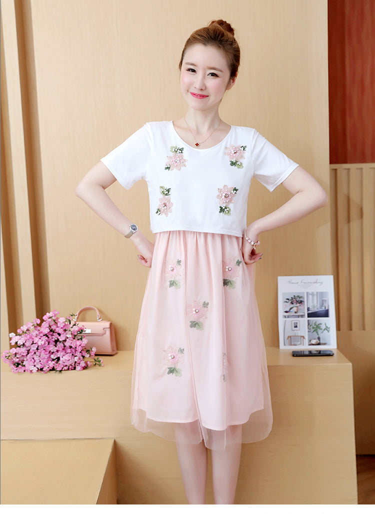 Été Coréen Mode Mid-Length Faux à manches courtes deux pièces Allaitement Plus Dres de taille