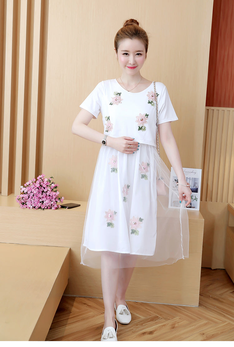 Été Coréen Mode Mid-Length Faux à manches courtes deux pièces Allaitement Plus Dres de taille