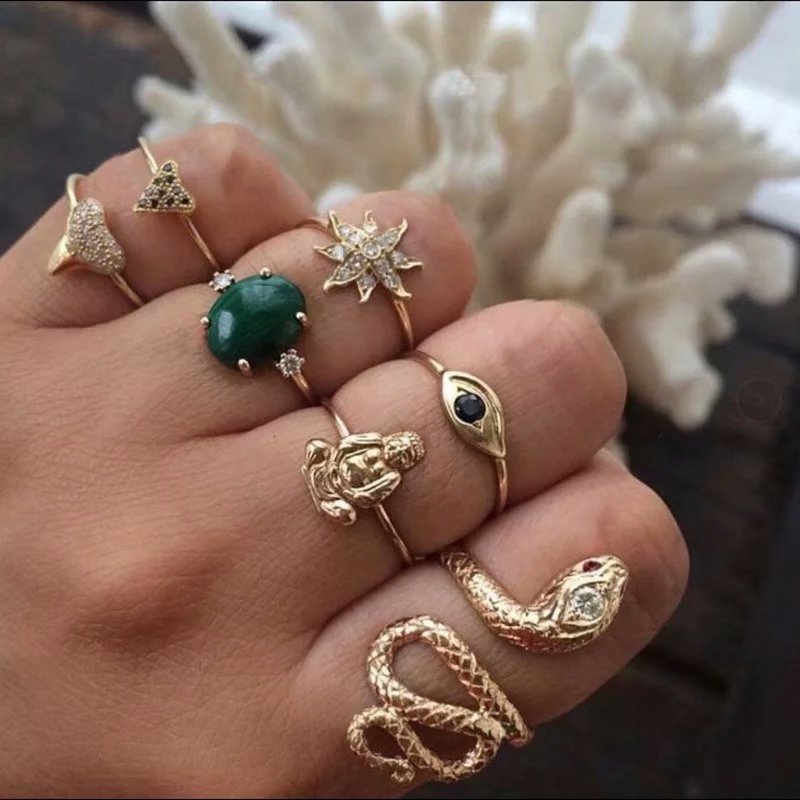 Anneau de bague multipiéce avec diamants Exagération émeraude Anneau de joint en forme de serpent 7-piéce Se