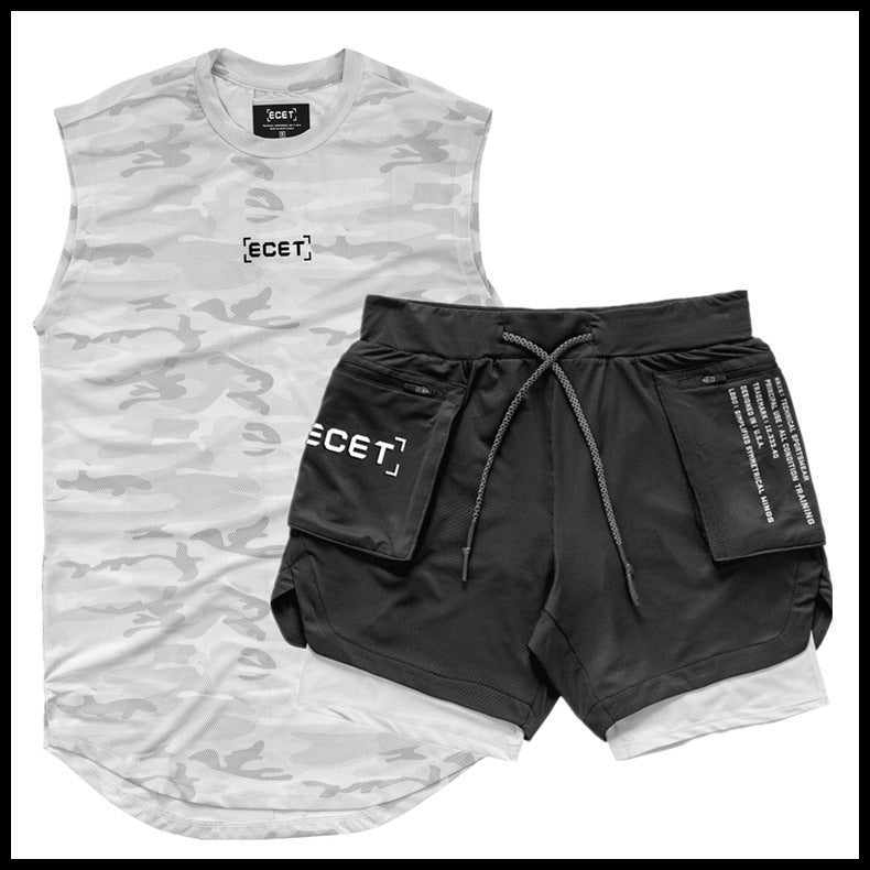 Sport Leisure Suit Muscle Fitness Training Double Layer Shorts Combiné Mesh Breathabl