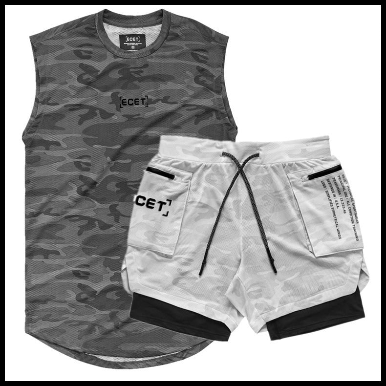 Sport Leisure Suit Muscle Fitness Training Double Layer Shorts Combiné Mesh Breathabl