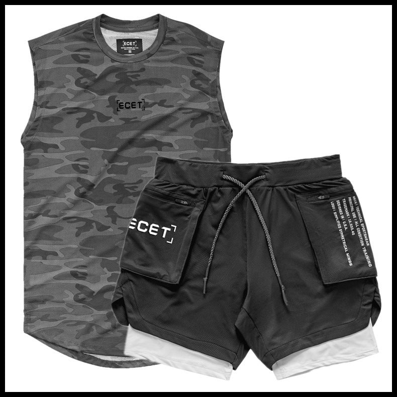 Sport Leisure Suit Muscle Fitness Training Double Layer Shorts Combiné Mesh Breathabl