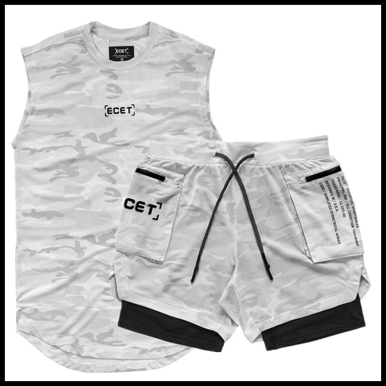 Sport Leisure Suit Muscle Fitness Training Double Layer Shorts Combiné Mesh Breathabl
