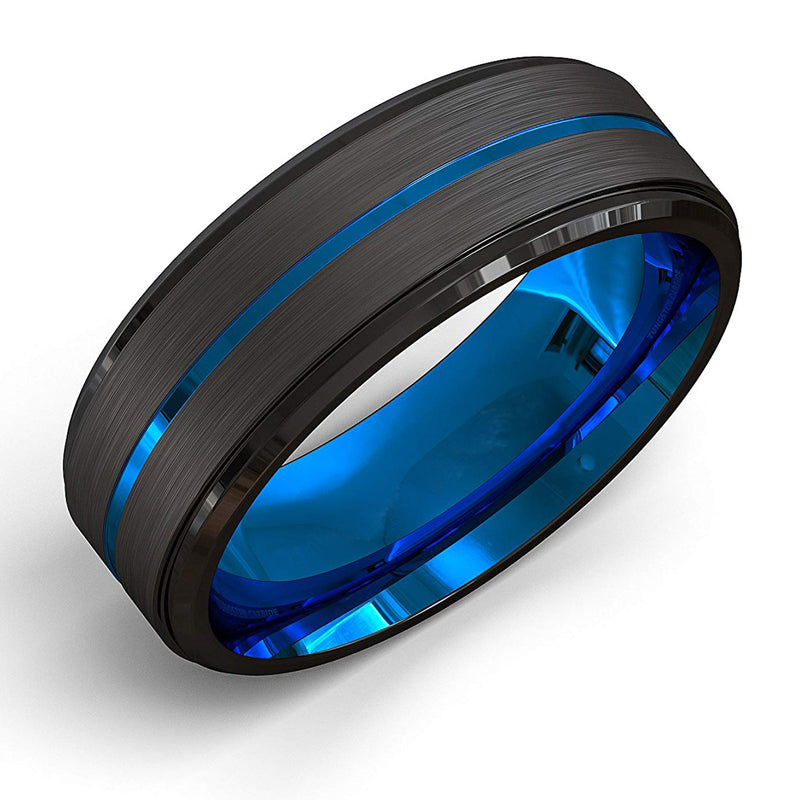 Bijoux hommes à deux tons 8Mm large Slotted Blue et Black Tungsten Steel Bijoux