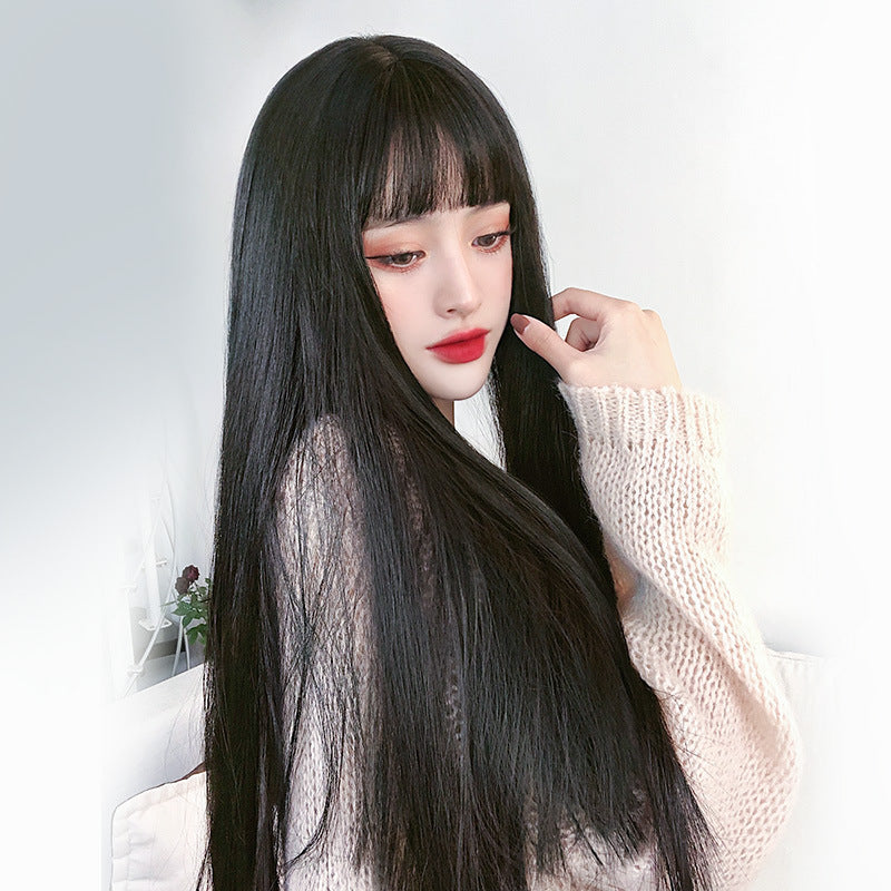 Réaliste naturel complet Headgear Net Red Air Bangs Noir Long cheveux droit