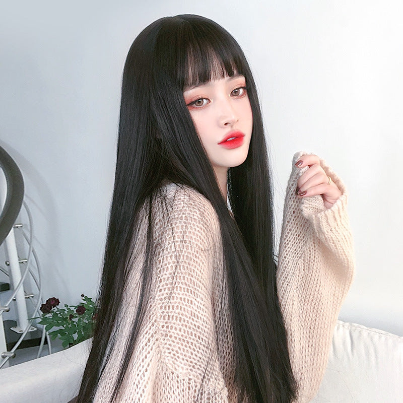 Réaliste naturel complet Headgear Net Red Air Bangs Noir Long cheveux droit