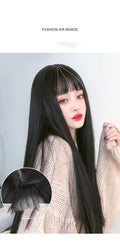 Réaliste naturel complet Headgear Net Red Air Bangs Noir Long cheveux droit