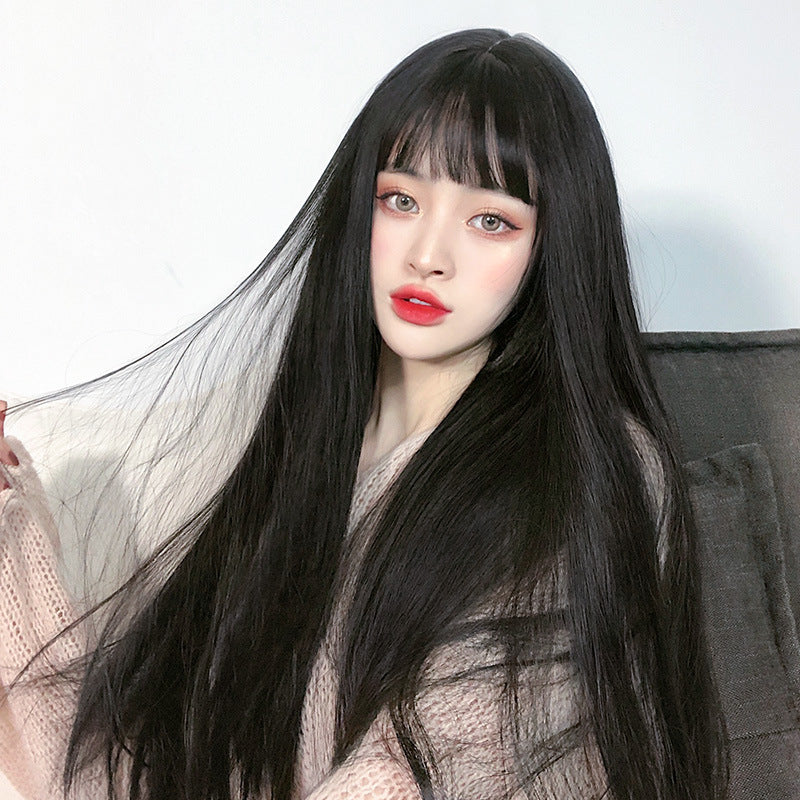 Réaliste naturel complet Headgear Net Red Air Bangs Noir Long cheveux droit