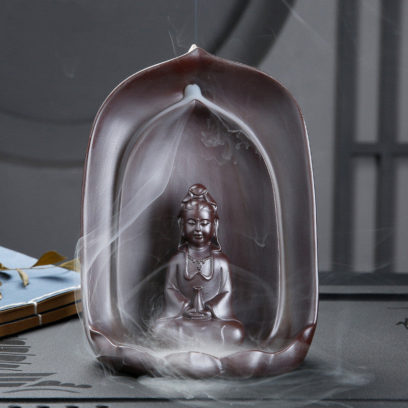 Guanyin Sitting Lotus Back Flow Incense Burner Céramique pour Bouddha à la maison