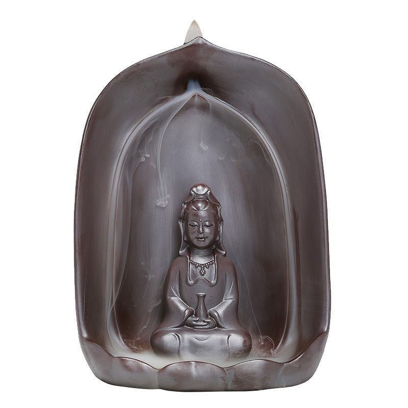 Guanyin Sitting Lotus Back Flow Incense Burner Céramique pour Bouddha à la maison