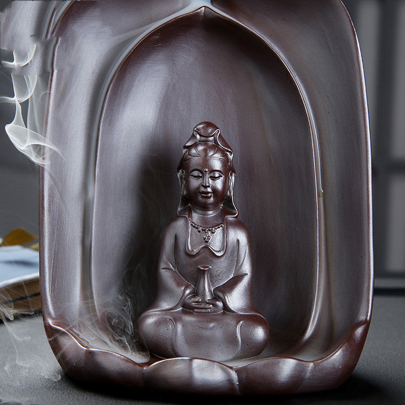 Guanyin Sitting Lotus Back Flow Incense Burner Céramique pour Bouddha à la maison