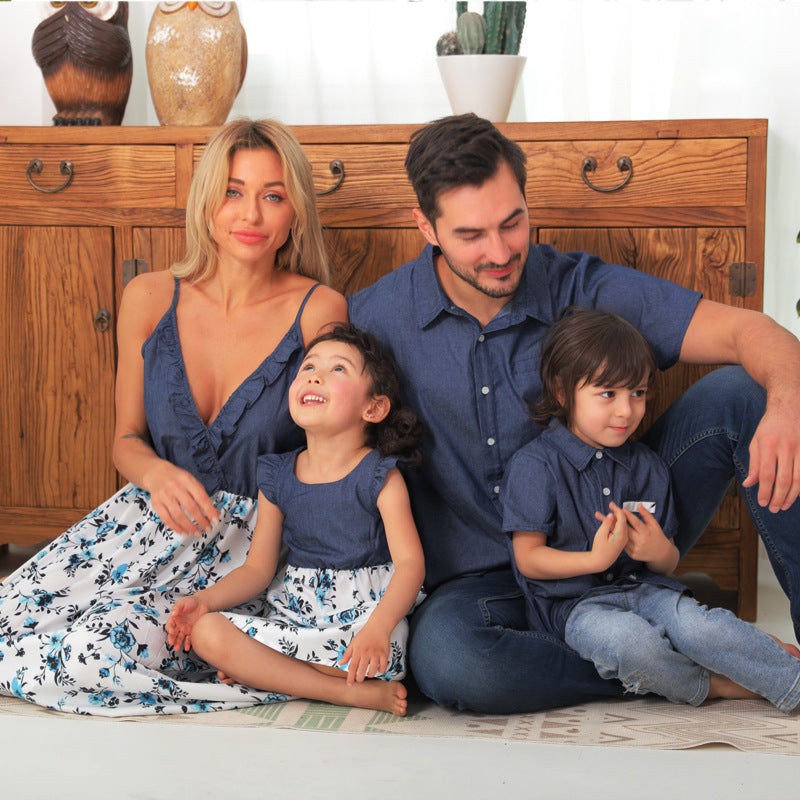 Family Matching Famille Denim Sling Jupe bébé fille maman papa garçon garçon chemise parent-enfant