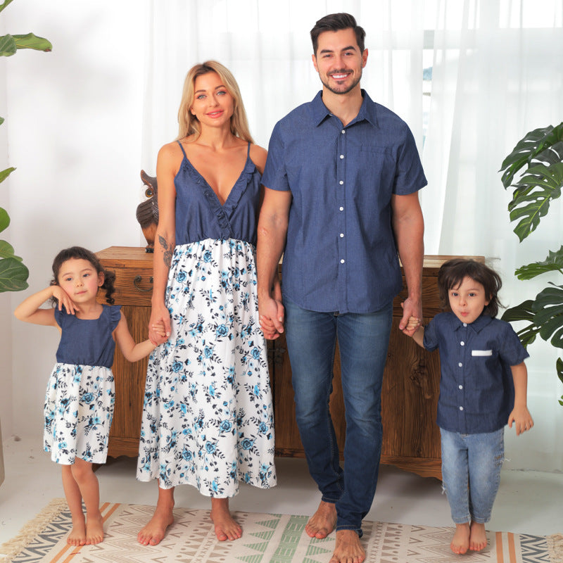 Family Matching Famille Denim Sling Jupe bébé fille maman papa garçon garçon chemise parent-enfant